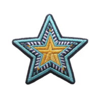Colorful embroidered star patch with intricate patterns and vibrant hues, perfect for adding flair to clothing or accessories. design features layers of blue, yellow, and white threads png