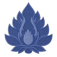 Blue embroidered lotus design with intricate details and symmetrical pattern, symbolizing purity and enlightenment. texture and craftsmanship evoke sense of elegance and tranquility png