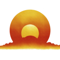 Vibrant illustration of sunset with large orange sun setting behind clouds, creating warm and serene atmosphere. gradient of colors transitions from deep orange to yellow png