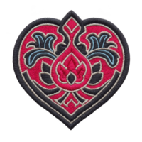 Heart shaped embroidered patch features intricate floral patterns in red, blue, and gray, showcasing traditional design. detailed stitching adds texture and depth to decorative piece png