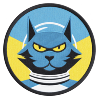 This features stylized cat wearing space helmet, with bold and colorful design. cat has serious expression, set against blue and yellow background, creating striking visual png