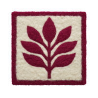 Square felt patch features red leaf design on cream background, showcasing simple and elegant botanical motif. texture is soft and fuzzy, adding cozy feel png
