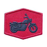 Red embroidered patch features blue motorcycle design, showcasing hexagonal shape. patch is detailed and suitable for clothing or accessories, adding touch of style png
