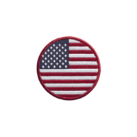 Round embroidered patch featuring American flag design with stars and stripes, symbolizing patriotism and national pride. patch has red border and is isolated on transparency background png