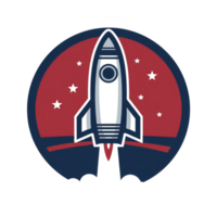Stylized rocket ship is depicted against red circular background with stars, evoking sense of adventure and exploration. design is simple and bold, using blue and red colors png