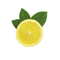 Fresh lemon slice with vibrant green leaves on transparency background, showcasing its bright yellow color and juicy texture png