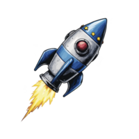 Blue and silver rocket with red circular window and yellow stars is launching into space, leaving fiery trail. design is cartoonish and vibrant, evoking sense of adventure and exploration png