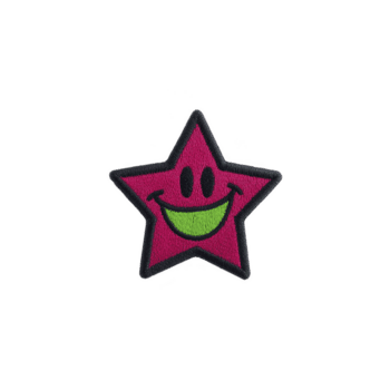 Vibrant star shaped patch with smiling face, featuring pink outline and bright green smile, set against transparency background. This cheerful design is perfect for adding playful touch to png