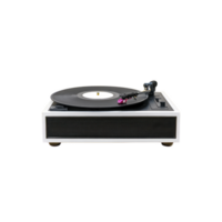Vintage turntable with vinyl record playing, featuring sleek black and white design. needle is positioned on record, evoking sense of nostalgia and classic music enjoyment png