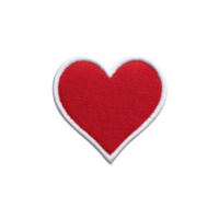 Red heart patch with white border, symbolizing love and affection, isolated on transparency background. embroidered design is simple yet striking, perfect for clothing or accessories png