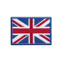 Image shows embroidered patch of United Kingdom flag, featuring iconic red, white, and blue design. patch is rectangular and has textured appearance png