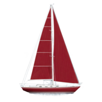 Sleek sailboat with vibrant red sails stands against transparent background, showcasing its elegant design and nautical charm. boat structure is detailed, highlighting its mast and rigging png