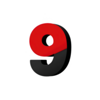Bold red and black number nine stands out against plain background, showcasing modern and striking design. number vibrant color and shadow create three dimensional effect png
