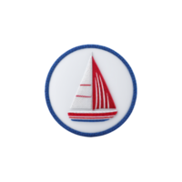 Circular badge features red and white sailboat with blue border, evoking nautical theme. sailboat is stylized with clean lines, creating simple yet striking design png