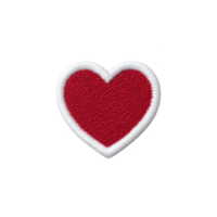 Red heart patch with white border, symbolizing love and affection, is displayed on transparency background. embroidered texture adds tactile quality to design png