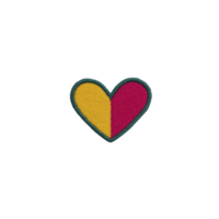 Colorful heart shaped patch with yellow and pink split design, outlined in green, on transparency background. patch has textured, embroidered appearance, adding playful and vibrant touch png
