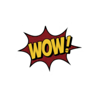 Comic style WOW text bold yellow with red burst background, evoking excitement and surprise. design is reminiscent of pop art and classic comic book graphics, featuring dynamic and playful png