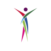 Colorful abstract figure with arms raised, composed of intersecting shapes in red, green, blue, and pink, symbolizes joy and unity. design is dynamic and vibrant png
