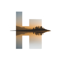 Large letter H is creatively designed with serene landscape scene, featuring sunset over calm lake with tree lined shore and mountains, reflecting tranquility png