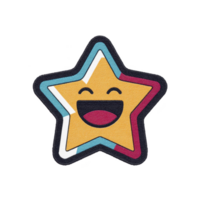 Colorful, smiling star with cheerful expression, featuring yellow center and multicolored border, conveys joy and positivity. design is playful and vibrant png