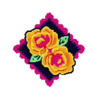 Vibrant cross stitch pattern features two yellow roses with green leaves transparency background, framed by pink scalloped border. design is colorful and intricate, showcasing traditional png