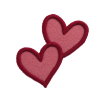 Two red embroidered heart patches with textured surface are overlapping, creating romantic and charming design. hearts have darker red border, adding depth and contrast png