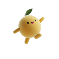 Cute, round, yellow plush toy with smiling face and small green leaf on top, resembling fruit character, is joyfully posed against transparency background png