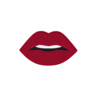 Red embroidered patch in shape of lips with white highlight, set against transparency background, conveys bold and playful expression png