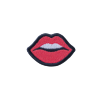 Vibrant embroidered patch featuring red lips with playful expression, outlined in black. Perfect for adding bold touch to clothing or accessories png