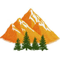 Embroidered design of orange mountains with white snow caps and green pine trees creates vibrant and textured landscape. intricate stitching adds depth and warmth png