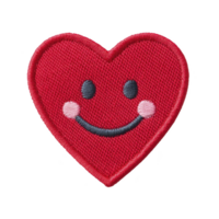 Red heart shaped patch with smiling face and pink cheeks, conveying cheerful and friendly expression. patch is embroidered with black eyes and curved smile png