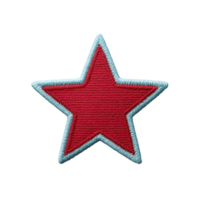 Red star patch with light blue border, featuring textured fabric design, is displayed on transparency background. star shape is bold and eye catching, suitable for clothing or accessories png