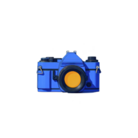 Vibrant blue vintage camera with yellow lens is centered against plain background, showcasing retro design. camera bold colors and classic style evoke nostalgia and creativity png