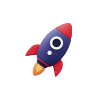 Colorful 3D illustration of cartoon rocket ship with blue body, red fins, and circular window, flying upwards with sense of adventure png
