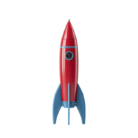 Red and blue toy rocket stands upright with sleek, retro design, featuring pointed nose and fins. playful and vibrant colors evoke sense of adventure and exploration png