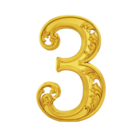 Golden ornate number three with intricate floral patterns transparency background, showcasing elegance and luxury. design is decorative and artistic, suitable for invitations or festive occasions png