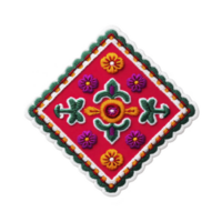 Vibrant embroidered patch with colorful floral patterns and geometric shapes on red background, featuring intricate stitching and scalloped edge png