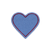 Blue heart shaped embroidered patch with red outline, perfect for adding touch of style to clothing or accessories. patch has textured fabric surface and simple, elegant design png