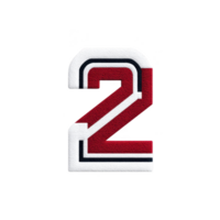 Image features bold, red and white number 2 with textured, embroidered appearance on transparency background. design is outlined in black, giving it sporty and dynamic look png