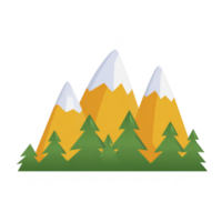 Stylized illustration of snow capped mountains with green pine trees in foreground, creating serene and natural landscape png