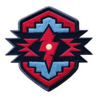 This features colorful embroidered patch with geometric design, including central lightning bolt motif red and blue tones. patch has shield like shape, adding bold and dynamic feel.Patch design png