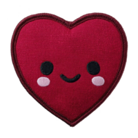 Cute, smiling heart shaped patch with red fabric texture and embroidered details, featuring cheerful expression. Perfect for adding playful touch to clothing or accessories png