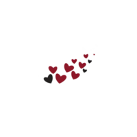 Series of red and black hearts are scattered diagonally across transparency background, creating playful and romantic pattern. hearts vary in size, adding dynamic and whimsical feel to design png