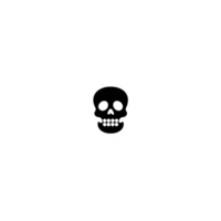 Small, simple black skull illustration is centered on plain transparency background, creating stark and minimalist design. skull features are basic, emphasizing its eyes and teeth png