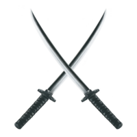 Two crossed swords with black handles and shiny blades create striking and dynamic image, symbolizing strength and conflict. swords sleek design adds sense of elegance png