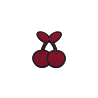 Red cherry patch with two cherries and leaves on transparency background, showcasing simple and bold design. patch is textured, adding tactile element to visual appeal png