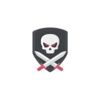 Skull with red eyes and two crossed swords on dark shield creates menacing emblem, often associated with danger or piracy. design is bold and striking png