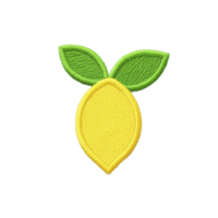 This features yellow lemon shaped patch with two green leaves, set against transparency background. patch has textured, embroidered appearance.lemon patch with green leaves transparency background png