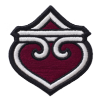 This features embroidered patch with heart shaped design maroon and white, outlined black. intricate pattern includes swirling lines, giving it decorative and artistic appearance. Embroidered png