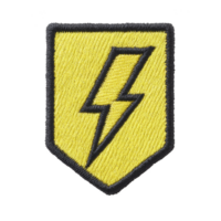 Yellow embroidered patch features bold black lightning bolt design, symbolizing energy and power. patch has shield shape with textured fabric surface, ideal for clothing or accessories png